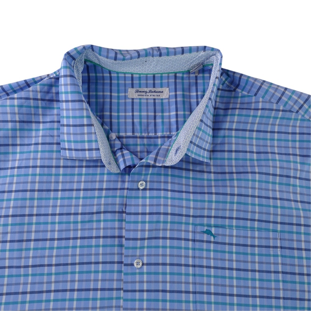 Tommy Bahama Button Down Shirt Men 4XLB Blue Plaid Sarasota Stretch Long Sleeve